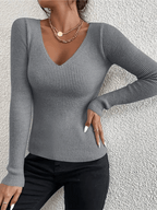 2025 Autumn Winter Women’s Rib Knit V - Neck Sweater – Long Sleeve Casual Y2K Pullover Top | NovaLume Elegant Women's Fashion