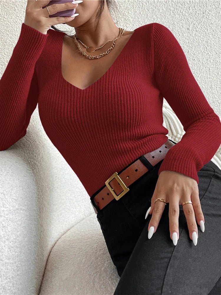2025 Autumn Winter Women’s Rib Knit V - Neck Sweater – Long Sleeve Casual Y2K Pullover Top | NovaLume Elegant Women's Fashion