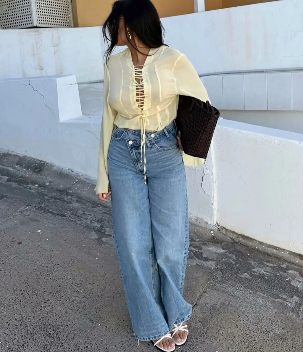 2025 Women’s High-Waist Wide-Leg Jeans – Vintage Blue Straight Fit Denim