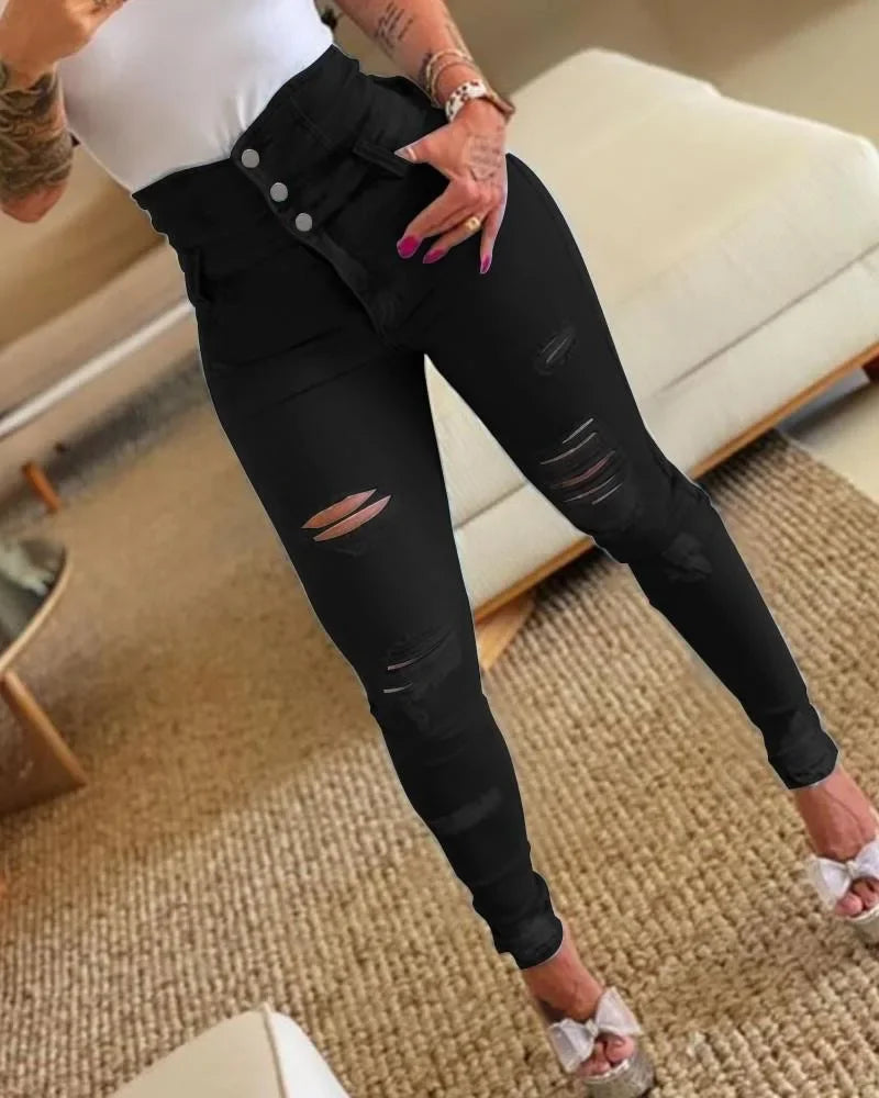 Women’s High-Waist Skinny Pencil Jeans – Bodycon Casual Long Denim Trousers