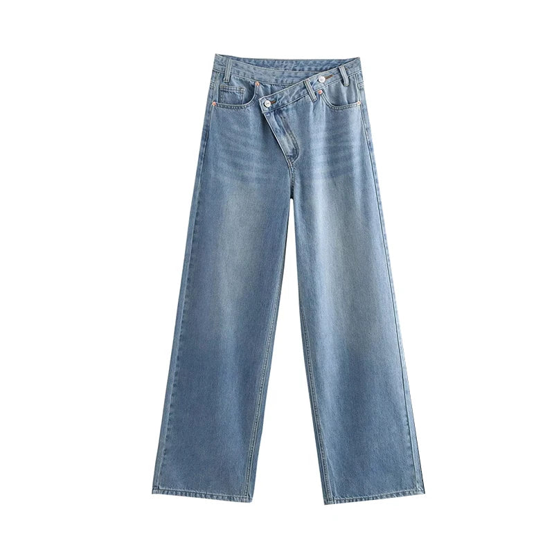 2025 Women’s High-Waist Wide-Leg Jeans – Vintage Blue Straight Fit Denim