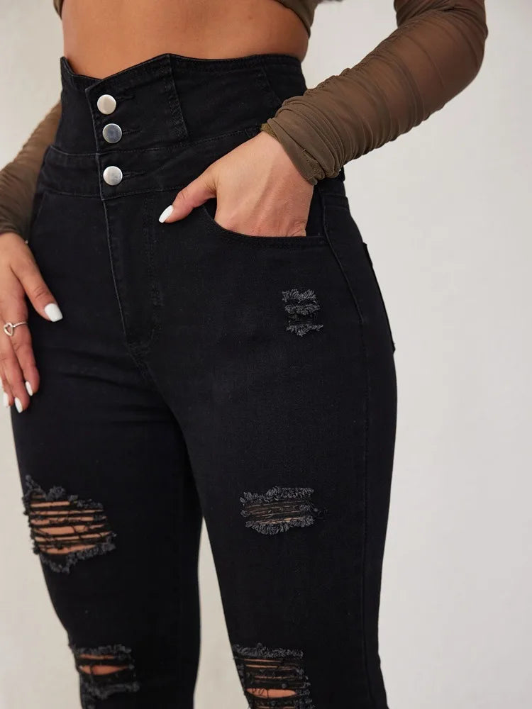 Women’s High-Waist Skinny Pencil Jeans – Bodycon Casual Long Denim Trousers