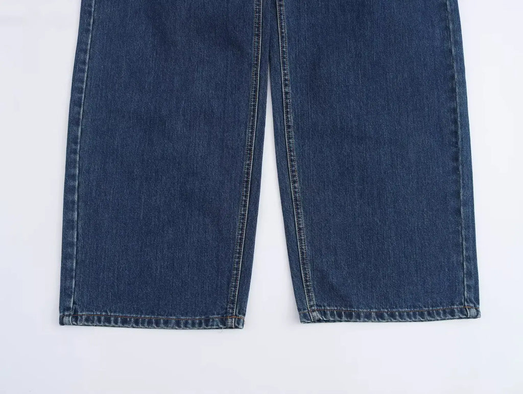 2025 Women’s High-Waist Wide-Leg Jeans – Vintage Blue Straight Fit Denim