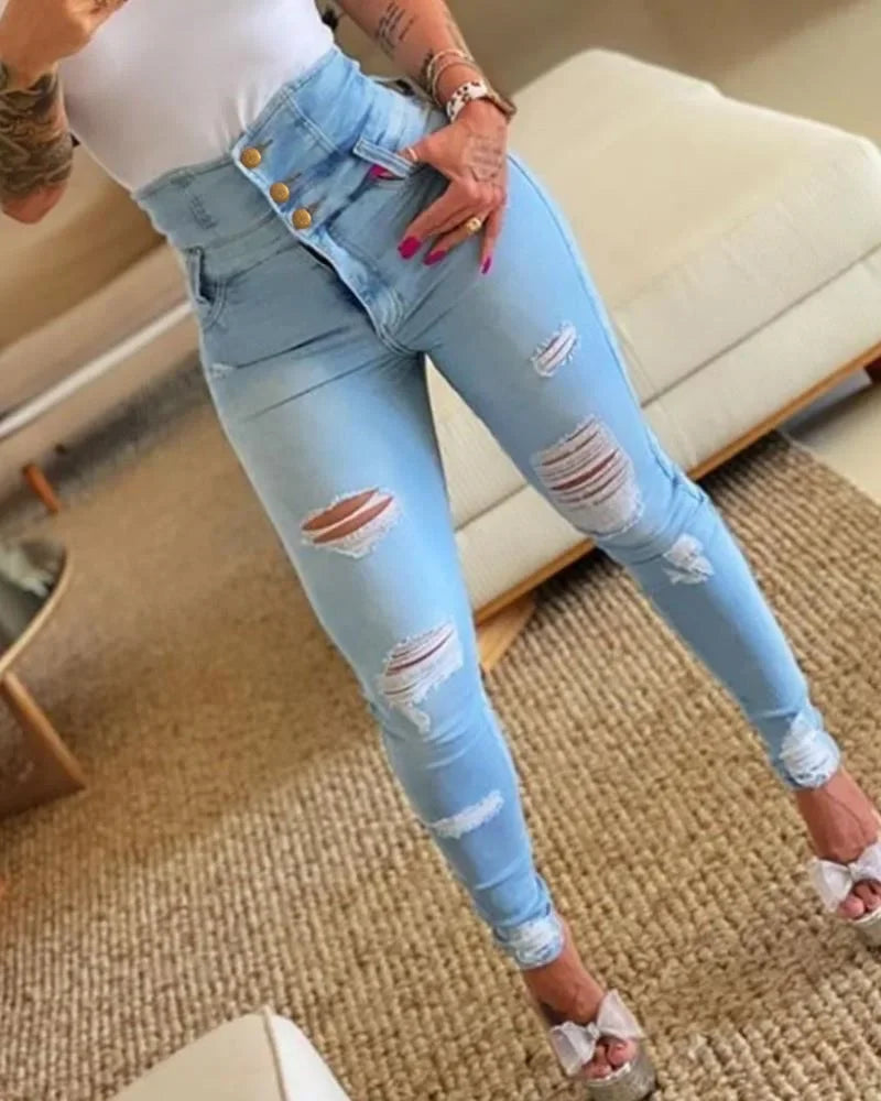 Women’s High-Waist Skinny Pencil Jeans – Bodycon Casual Long Denim Trousers