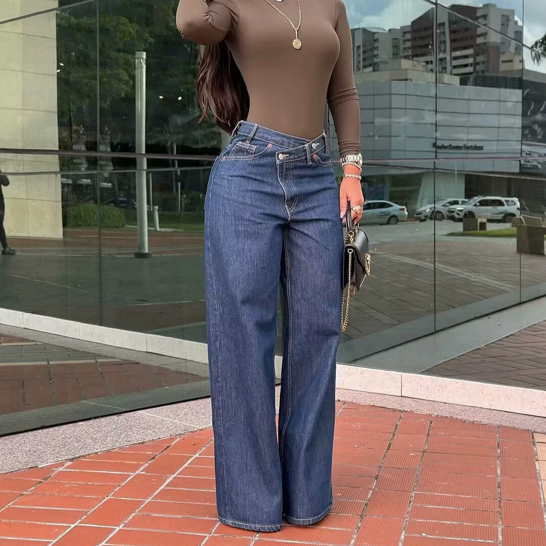 2025 Women’s High-Waist Wide-Leg Jeans – Vintage Blue Straight Fit Denim