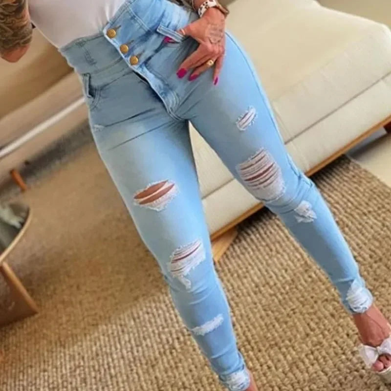 Women’s High-Waist Skinny Pencil Jeans – Bodycon Casual Long Denim Trousers