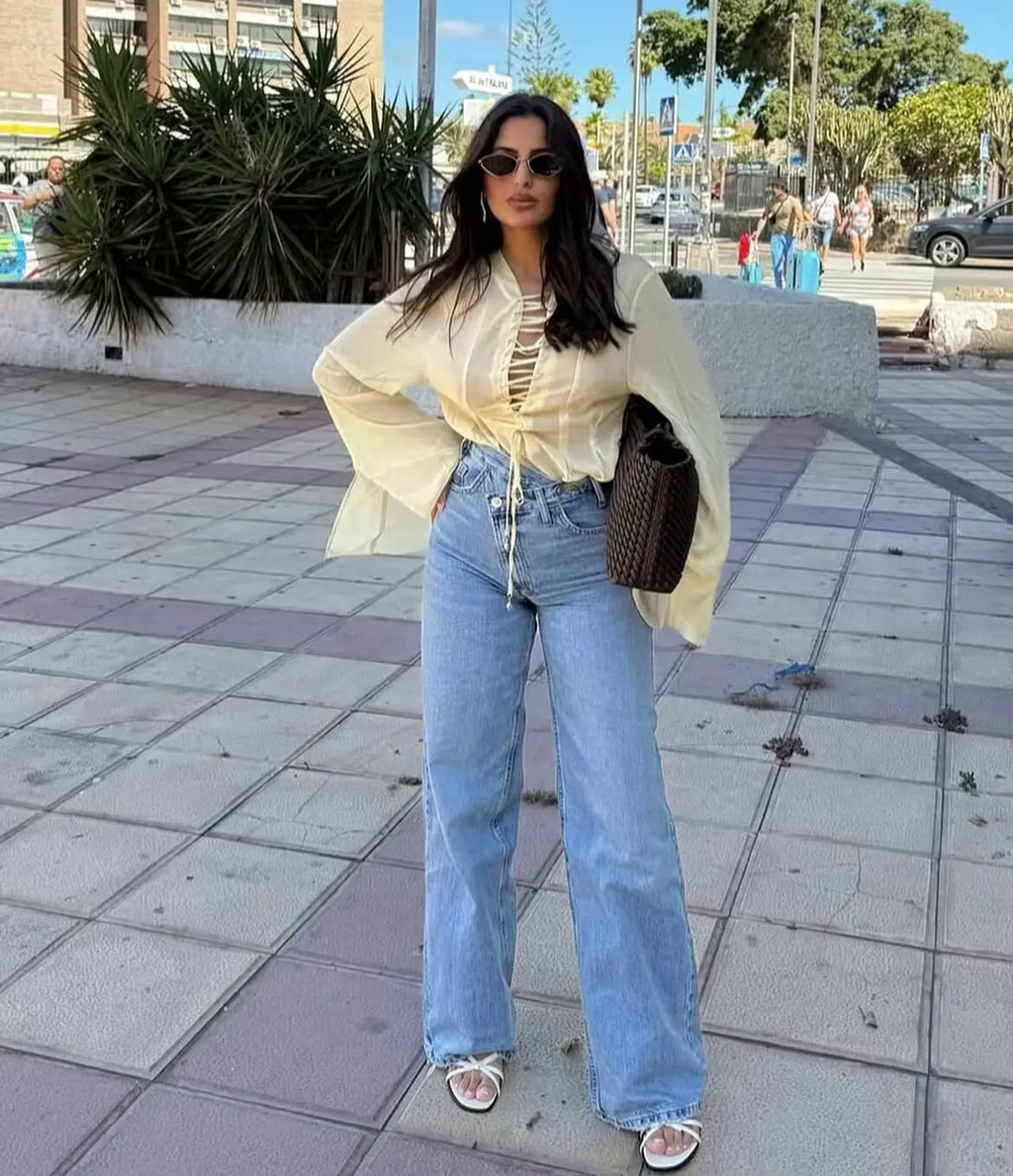 2025 Women’s High-Waist Wide-Leg Jeans – Vintage Blue Straight Fit Denim