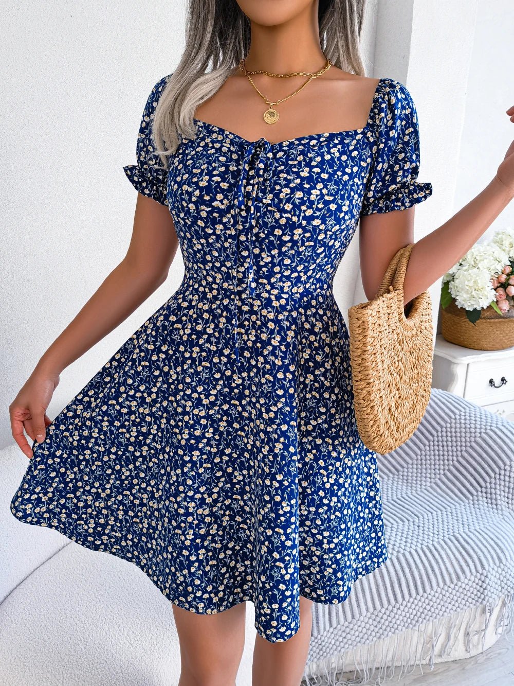 Women Casual Ruffles Short Sleeve Floral Print A Line Dress | NovaLume Elegant Women's Fashion