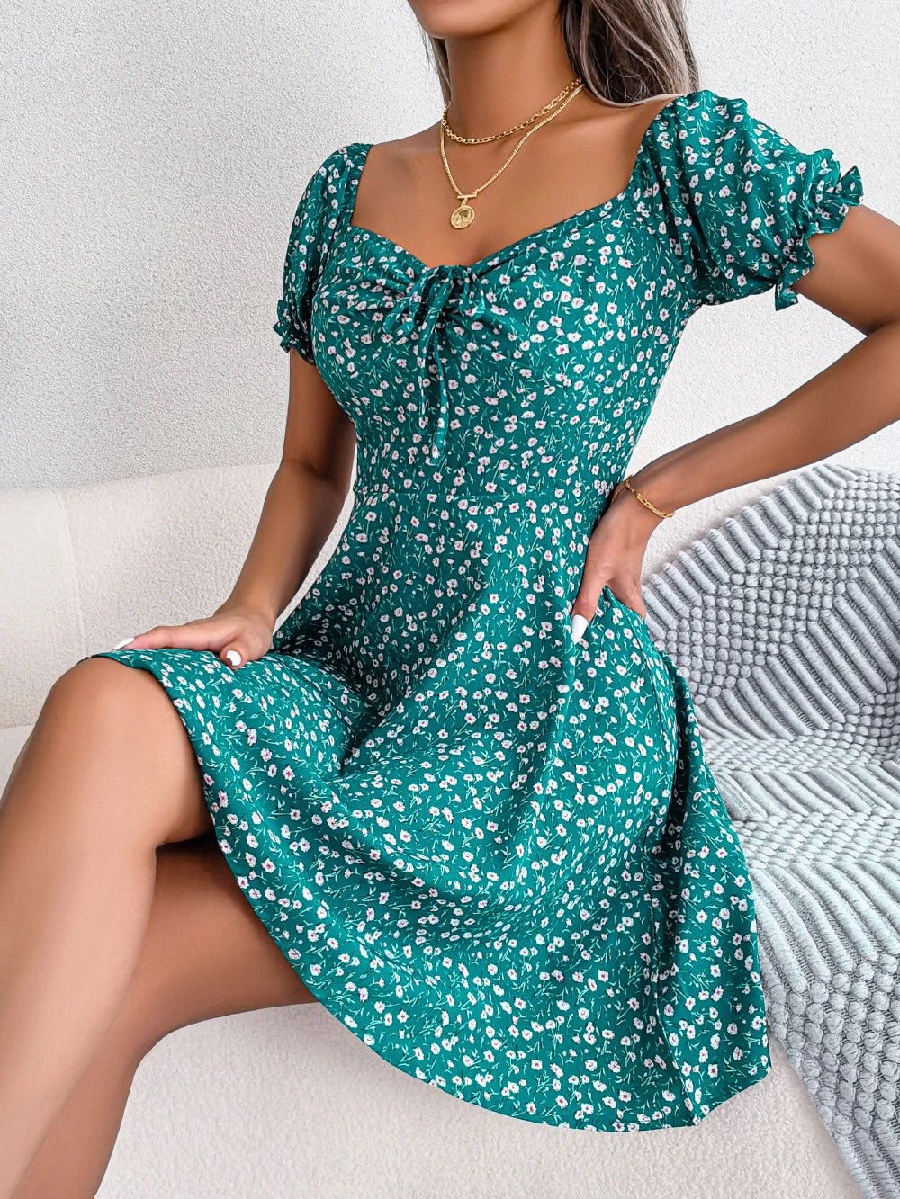 Women Casual Ruffles Short Sleeve Floral Print A Line Dress | NovaLume Elegant Women's Fashion
