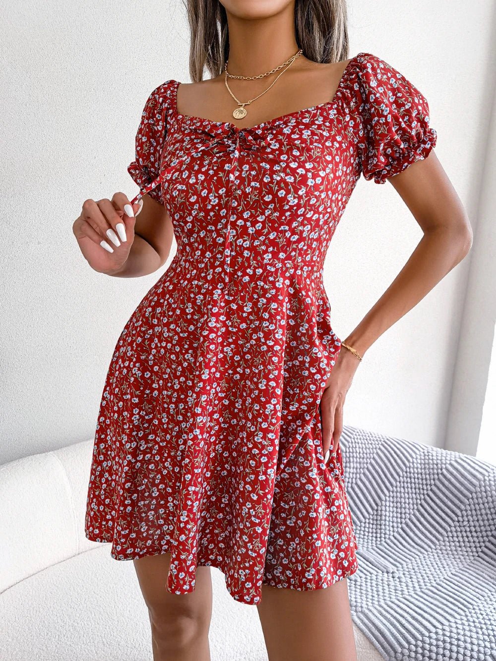 Women Casual Ruffles Short Sleeve Floral Print A Line Dress | NovaLume Elegant Women's Fashion