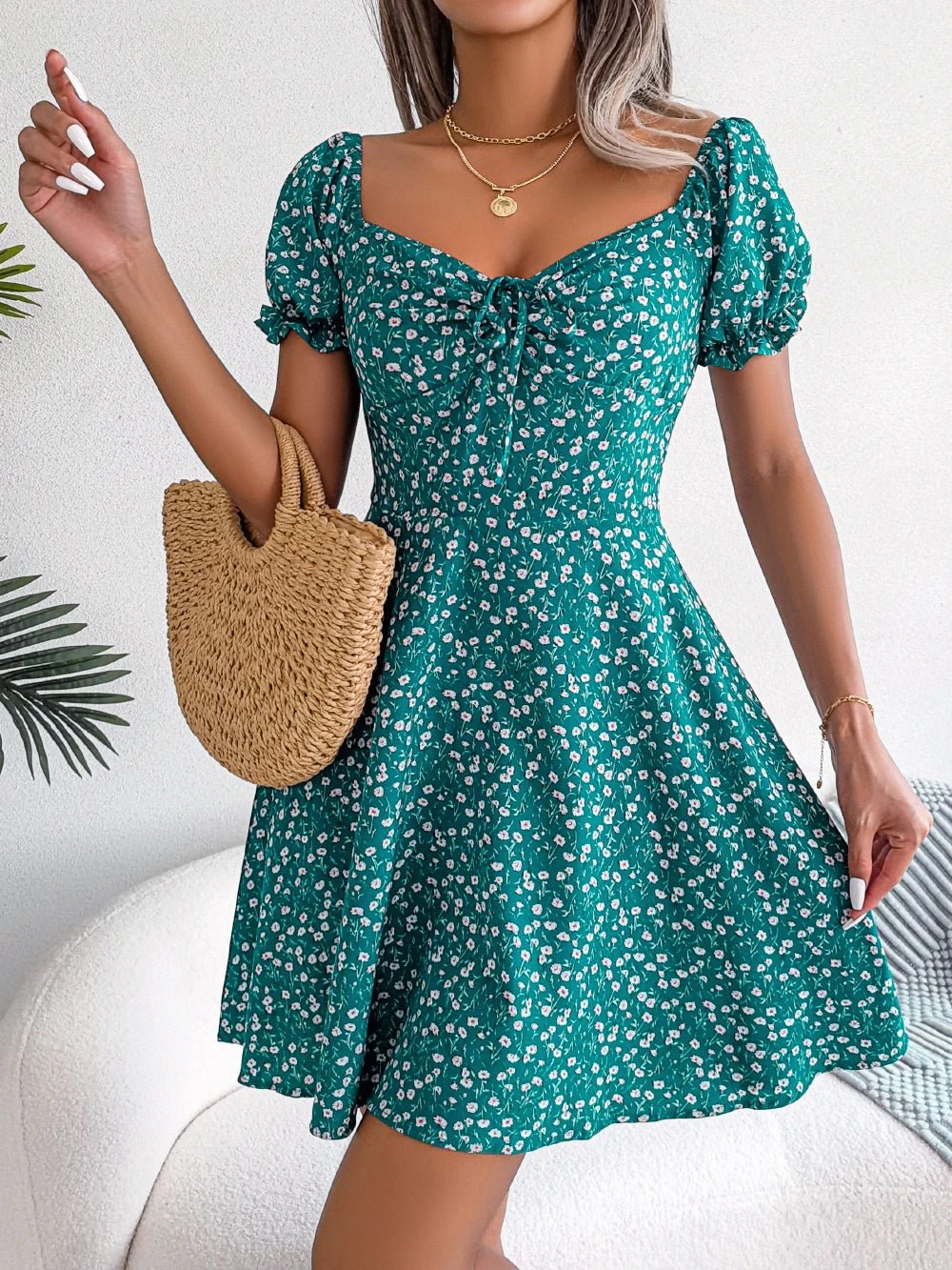 Women Casual Ruffles Short Sleeve Floral Print A Line Dress | NovaLume Elegant Women's Fashion