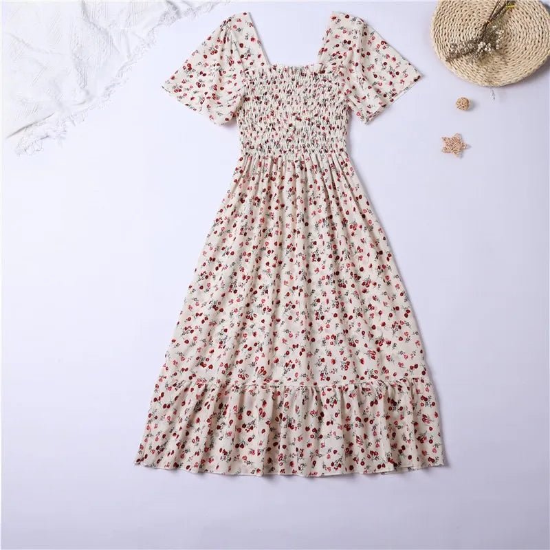 Women’s Floral Chiffon Midi Dress – Short Sleeve Pleated Casual Summer Dress | NovaLume Elegant Women's Fashion