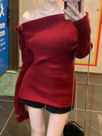 Women's Off - Shoulder Knitted Sweater – Slim Fit Long Sleeve Autumn Winter Pullover Top | NovaLume Elegant Women's Fashion