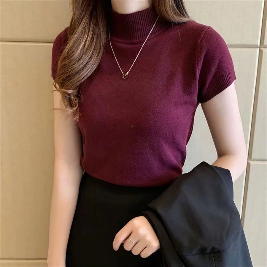 Women’s Summer Knitted Turtleneck Blouse – Short Sleeve Casual Fashion Top | NovaLume Elegant Women's Fashion