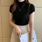 Women’s Summer Knitted Turtleneck Blouse – Short Sleeve Casual Fashion Top | NovaLume Elegant Women's Fashion