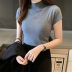 Women’s Summer Knitted Turtleneck Blouse – Short Sleeve Casual Fashion Top | NovaLume Elegant Women's Fashion