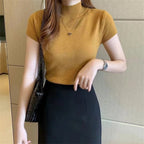 Women’s Summer Knitted Turtleneck Blouse – Short Sleeve Casual Fashion Top | NovaLume Elegant Women's Fashion