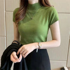 Women’s Summer Knitted Turtleneck Blouse – Short Sleeve Casual Fashion Top | NovaLume Elegant Women's Fashion