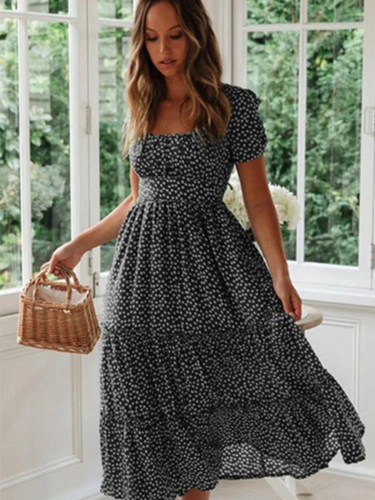 Women’s Vintage Floral Maxi Dress – Puff Sleeve Square Collar Summer Beach Party Dress | NovaLume Elegant Women's Fashion