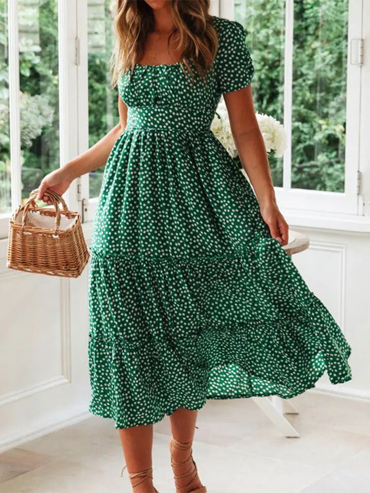 Women’s Vintage Floral Maxi Dress – Puff Sleeve Square Collar Summer Beach Party Dress | NovaLume Elegant Women's Fashion